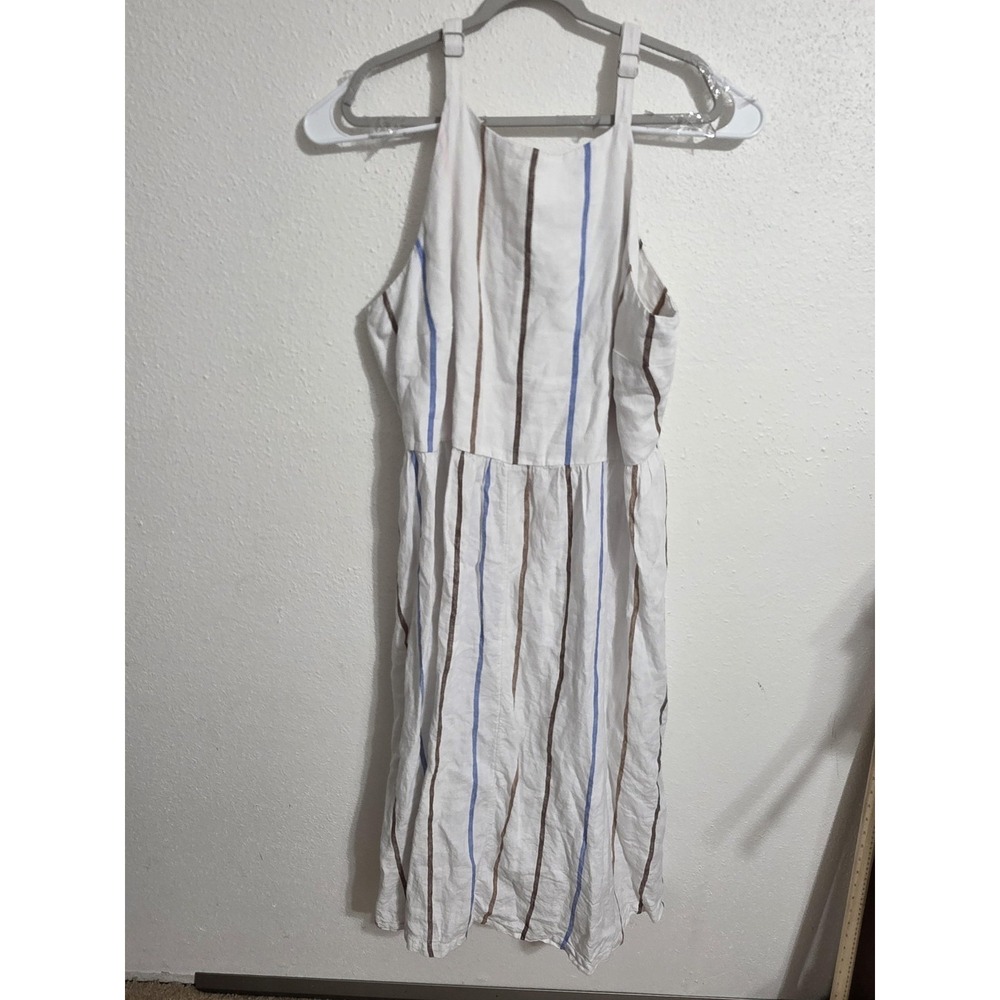 White Stripe Linen Midi Sleeveless Sundress Pockets Lands End 3x Casual Resort